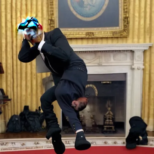 Prompt: Kanye West does a backflip on the White House while Barack Obama is watching