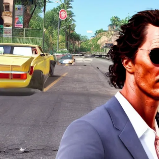 Image similar to matthew mcconaughey as a GTA style character on a loading screen, 4k, high detail, high-resolution photograph, professional photography, ultra-detail