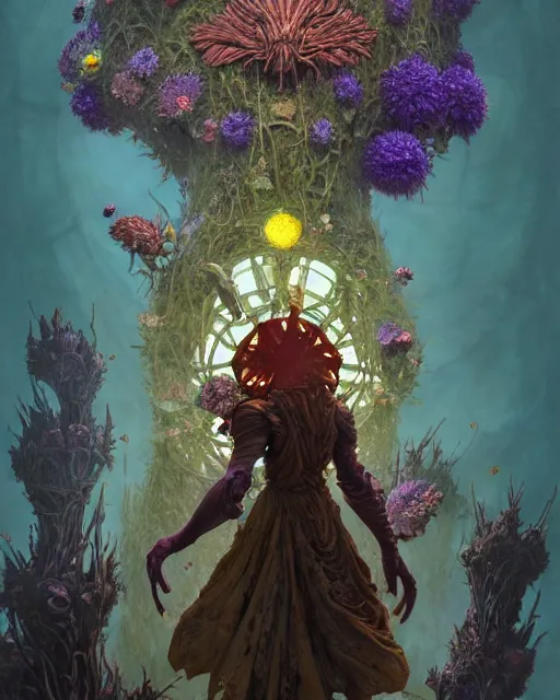 Image similar to the platonic ideal of flowers, rotting, insects and praying of cletus kasady carnage thanos davinci nazgul wild hunt chtulu mandelbulb ponyo botw bioshock, d & d, fantasy, ego death, decay, dmt, psilocybin, concept art by randy vargas and greg rutkowski and ruan jia and alphonse mucha