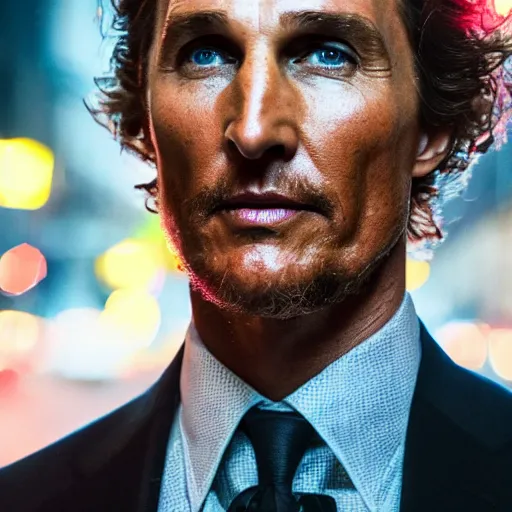 Image similar to a still of Mathew McConaughey. Close up. Shallow depth of field. City at night in background, lights, colors ,studio lighting, mood, 4K. Profession photography