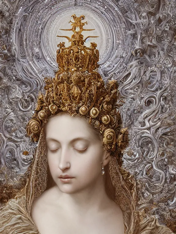 Image similar to a beautiful render of baroque catholic veiled queen sculpture with symmetry intricate detailed,by Ekaterina Belinskaya,Nekro , peter gric , aaron horkey , Billelis,Trending on artstation,ZBrush,fractalism,maximalism,glittering,gold,ivory,fire,hyperreal