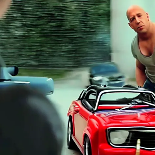 Image similar to vin diesel driving a children toy car, action movie, realistic, hd, 8 k, cinematic, car chase