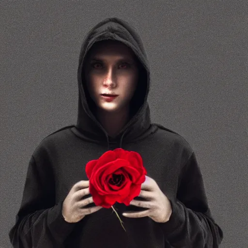 Prompt: wolf like a human, dressed black hoodie, holding red rose in hand, trending on ArtStation, octane render, blender, 8k,