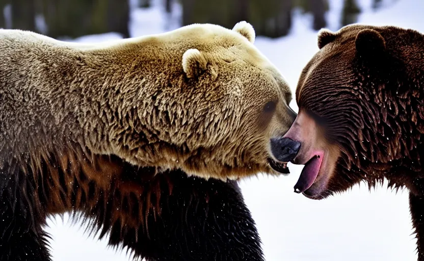 Image similar to vladimir putin kisses a bear, french kiss, lovely kiss, kiss mouth to mouth, romantic, emotional, love scene, insane details, clear face and eyes, textured, 8 k, professional photography, animal world, discovery channel