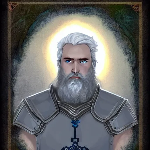 Prompt: A portrait of an Aasimar Paladin with glowing blue eyes, pale grey skin, silver full beard, and silver hair. He has a longsword and wears full plate armor covered in moss. Epic Dungeons and Dragons fantasy art.