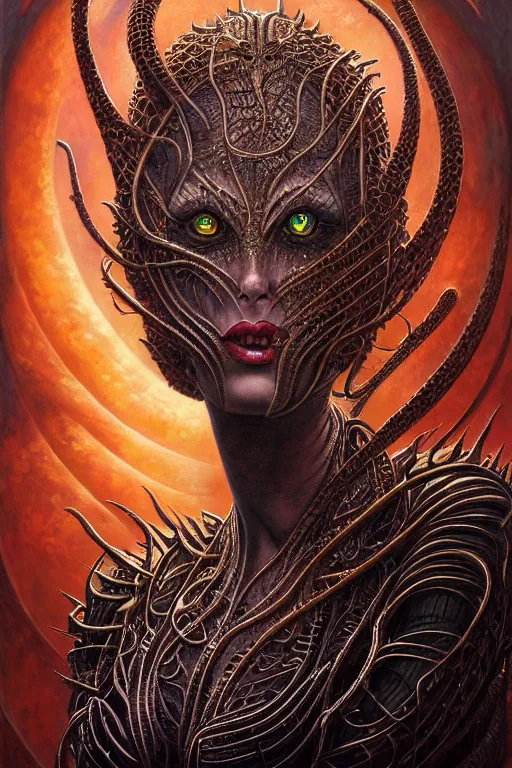 Image similar to single face portrait. complex hyper-maximalist overdetailed cinematic cosmic scifi portrait of an elegant very attractive but wild and dangerous humanoid reptilian goddess by andrei riabovitchev, tomasz alen kopera, oleksandra shchaslyva. Omnious intricate. Secessionist portrait illustration. Poison goddes. Slightly influenced by giger. Zerg human hybrid goddes. Unreal engine 5. Focus on face. Artstation. Deviantart. 8k 4k 64megapixel. Cosmic horror style. Rendered by binx.ly.