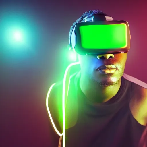 Image similar to dark skinned man wearing futuristic vr headset neon lights ambient light unity game ultra - realistic