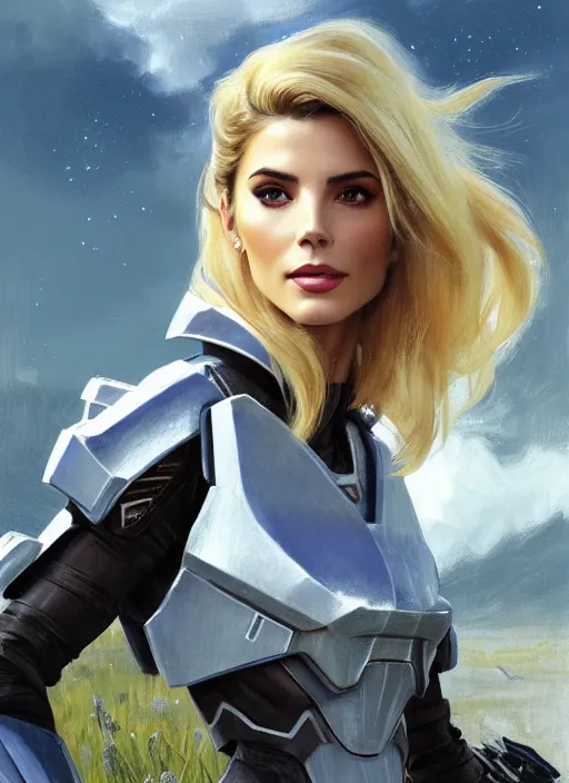 Image similar to portrait of a combination of Ashley Greene, Victoria Justice and Adriana Dxim, Grace Kelly and Lily Collins with blonde hair wearing Forerunner Armor from Halo, countryside, calm, fantasy character portrait, dynamic pose, above view, sunny day, thunder clouds in the sky, artwork by Jeremy Lipkin and Giuseppe Dangelico Pino and Michael Garmash and Rob Rey and Greg Manchess and Huang Guangjian, very coherent asymmetrical artwork, sharp edges, perfect face, simple form, 100mm