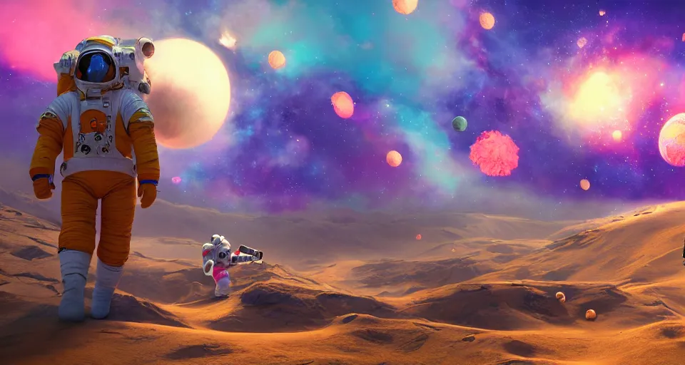 Spaceman landing in the universe with prismal light, with cool effects of  the space and the universe, very futuristic and full hd, scifi, extremely  detail, rainbow color too