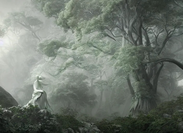 Image similar to a portrait of idealistic marble statue with fractal flowery hair and white fair porcelain face, in a magical forest, matte painting, painted by, mc escher, gordon onslow ford, georgia o'keeffe and ivan aivazovsky, cinematic light, god rays, colourful, unreal engine, zbrush central,