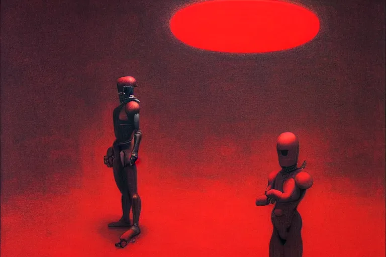 Image similar to only with red, a red samurai humanoid, tokio futuristic in background, yokai, in the style of beksinski, parts by edward hopper, parts by rodcenko, parts by yue minjun, intricate and epic composition, red by caravaggio, insanely quality, highly detailed, masterpiece, red light, artstation, 4 k