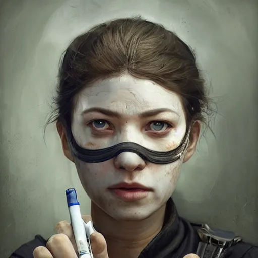 Image similar to epic portrait an female nurse with short sleeves and a mask holding a syringe, sweaty skin, hyperrealistic, expressive, emotional, moody, contre jour, octane render, cinematic, beautiful face and flawless skin, perfect hands, 5 fingers, by Edgar Maxence and Ross Tran and Michael Whelan, Legends of Runeterra