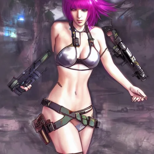 Image similar to concept art illustration of a beautiful young japanese christina hendricks natalie portman as lara croft motoko kusanagi anime protagonist, wearing tokyo harajuku street fashion combat warrior fantasy bikini, intricate, elegant, gorgeous, stunning, alluring, art by hyng tae kim, art style of blade and soul