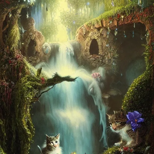 Image similar to two kittens watching the waterfall in the enchanted forest, fantasy, intricate, extremely detailed, face enhance, matte, artstation, art by louis wain, greg rutkowski