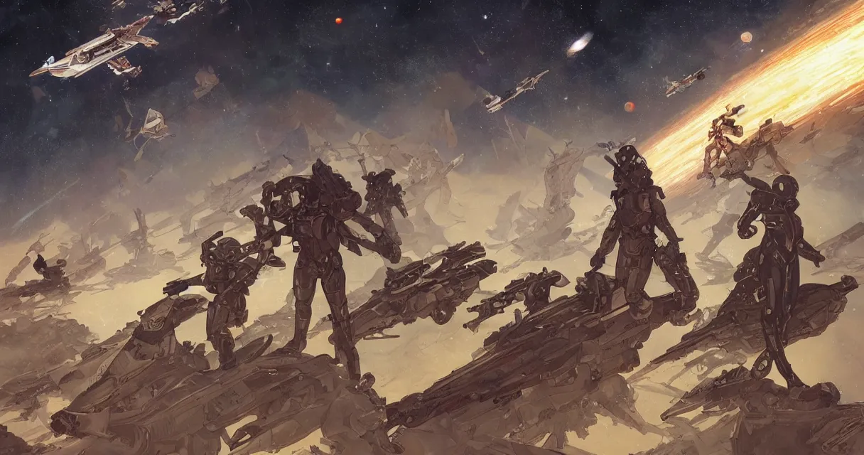 Image similar to Space war, very detailed, digital art, trending on artstation, concept art, smooth, illustration, art by artgerm and greg rutkowski and alphonse mucha and J. C. Leyendecker and Edmund Blair Leighton and Katsuhiro Otomo and Geof Darrow and Phil hale and Ashley wood and Ilya repin and Charlie Bowater