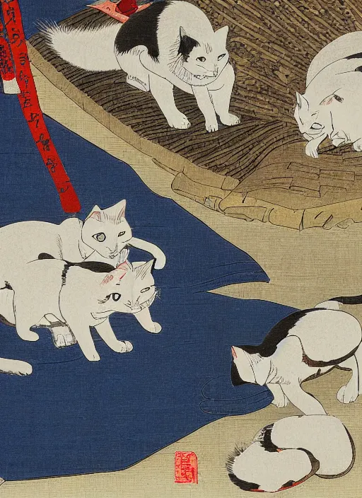 Image similar to whitecat with 2 baby white cats of utagawa hiroshige, digital painting 4 k uhd image, highly detailed