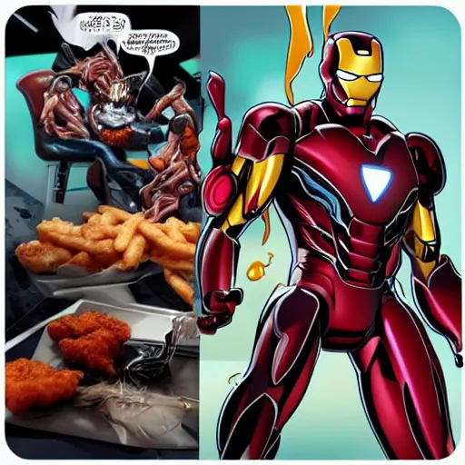 Image similar to venomized iron man with a 2 0 piece mcdonalds nugget