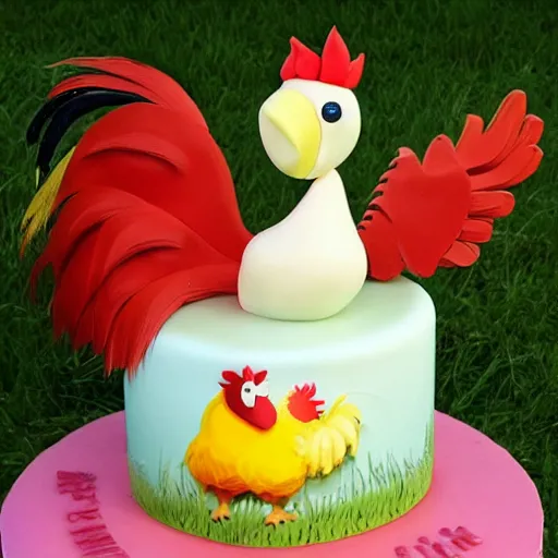 Prompt: (in a barnyard (a big rooster)(a birthday cake(with three candles))(a small downy baby chick))