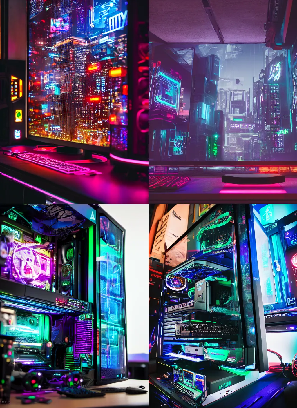 Prompt: photo of a gaming computer with a cyberpunk city inside, 8 k, 8 5 mm f 1. 8