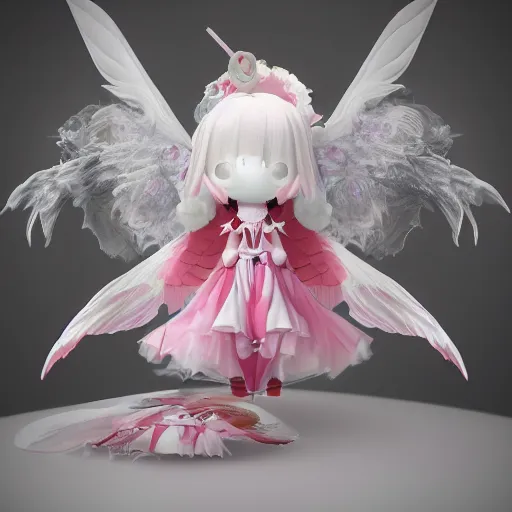 Prompt: cute fumo plush of a divine angel, gothic maiden, ribbons and flowers, ruffled wings, feathers raining, particle simulation, clouds, vray, outline glow lens flare, divine wrath
