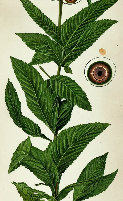 Image similar to botanical illustration of a schafugnan, a green plant with eyeballs instead of flowers