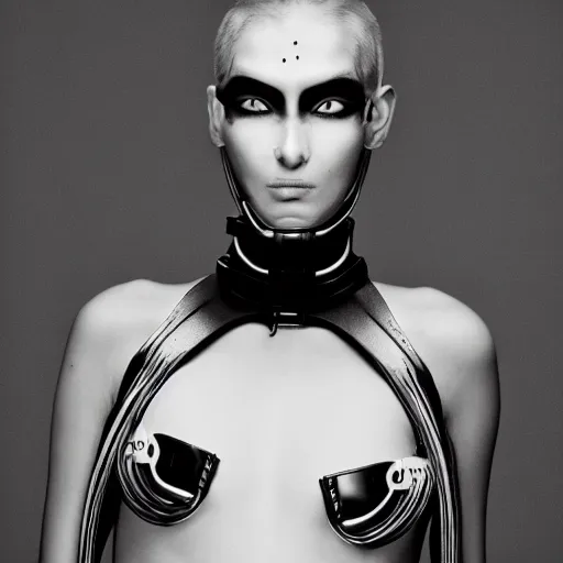 Image similar to fashion photography of an extraterrestrial model with opened mouth, wearing demobaza fashion, inside berghain, berlin fashion, harness, futuristic fashion, dark minimal outfit, photo 3 5 mm leica, hyperdetail, berghain, 8 k, very detailed, photo by nick knight