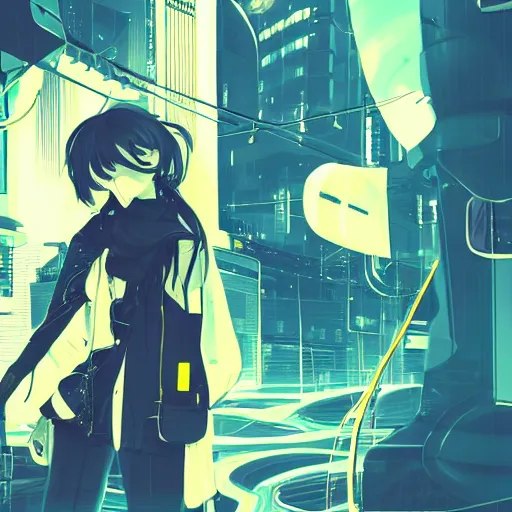 Image similar to Frequency indie album cover, luxury advertisement, yellow filter, white and gray colors. Clean and detailed post-cyberpunk sci-fi close-up schoolgirl in asian city in style of cytus and deemo, blue flame, relaxing, calm and mysterious vibes, by Tsutomu Nihei, by Yoshitoshi ABe, by Ilya Kuvshinov, by Greg Tocchini, nier:automata, set in half-life 2, Matrix, GITS, Blade Runner, Neotokyo Source, Syndicate(2012), dynamic composition, beautiful with eerie vibes, very inspirational, very stylish, with gradients, surrealistic, dystopia, postapocalyptic vibes, depth of field, mist, rich cinematic atmosphere, perfect digital art, mystical journey in strange world, beautiful dramatic dark moody tones and studio lighting, shadows, bastion game, arthouse