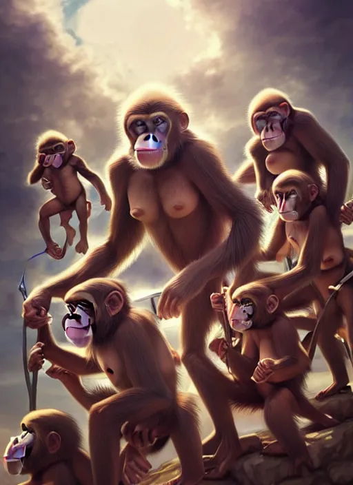 Prompt: of group of ape kids in costumes getting ready for battle against the heavens, perfect face anatomy, establishing cinematic movie scene of a cinematic scene, intricate, elegant, highly detailed, artstation, art by artgerm, anime, stylish, concept art, smooth, sharp focus, wlop