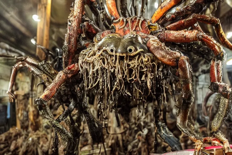 Prompt: photo taken of an epic intricate, ultra detailed, super realistic gritty, hero prop, exquisitely painted animatronic movie prop of a wet slimy grotesque nightmarish hellish mutant arachnoid creature displayed in the workshop, created by weta workshop, full body shot, photorealistic, sharp focus