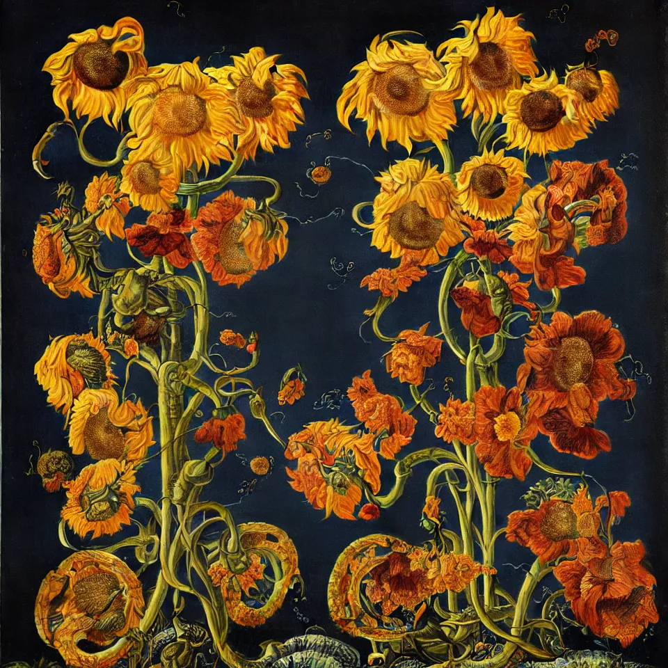 Image similar to dutch golden age bizarre sunflower portrait made from flower floral still life with many blue eyes very detailed nasturtium vines and snakes disturbing fractal forms sprouting up everywhere by rachel ruysch black background chiaroscuro dramatic lighting perfect composition high definition 8 k oil painting with black background by christian rex van dali todd schorr of a chiaroscuro portrait recursive masterpiece