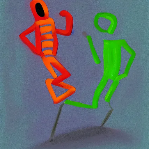 Prompt: an orange stick figure with lime fire hands, digital art, oil on canvas