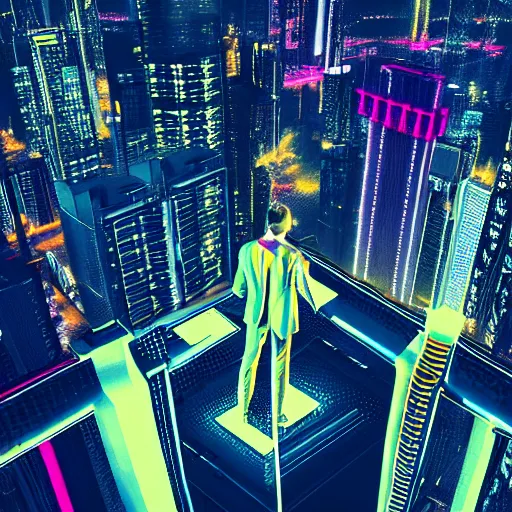 Image similar to neon city, cyberpunk, man standing on the roof, wing swings his tie, drone view