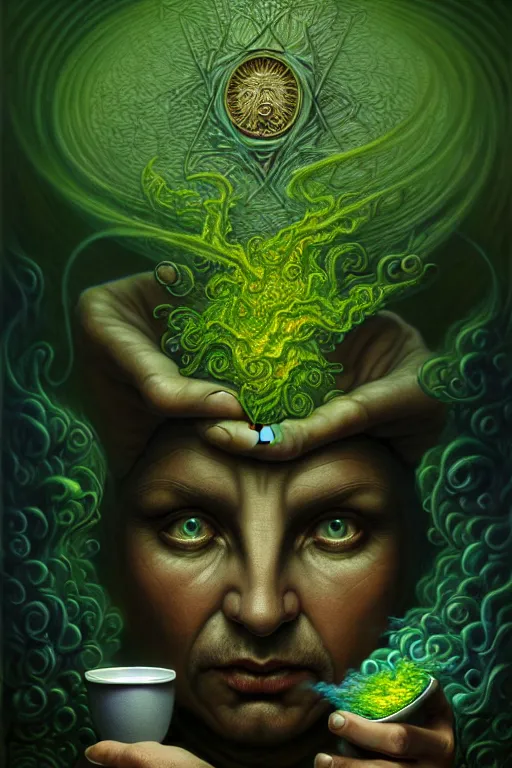 Prompt: The Manager, tarot card, by tomasz alen kopera and Justin Gerard, computer keyboard, email, coffee cup, numerical, symmetrical features, ominous, magical realism, texture, intricate, ornate, royally decorated, whirling green smoke, embers, radiant colors, fantasy, trending on artstation, volumetric lighting, micro details, 3d sculpture, ray tracing, 8k, anaglyph effect