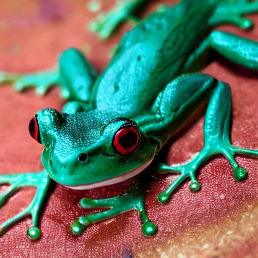 Prompt: photo { teal frog } with { red! eyes }