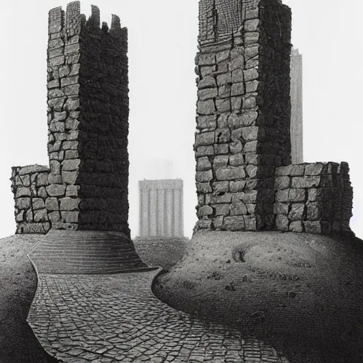 Prompt: tenebrous castellated ashlar astride river by john howe and by daniel falconer and by don maitz, image is of a type of stone architecture called castellated ashlar. it is characterized by its symmetrical design and clean, sharp lines, matte painting