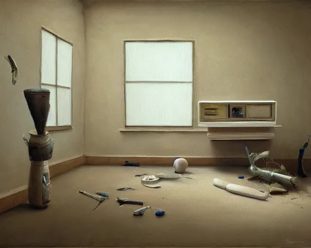 Image similar to a painting of a confusing minimalistic room with a few unusual artifacts, an airbrush painting by breyten breytenbach, cgsociety!, neo - primitivism