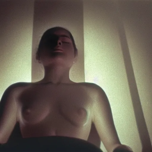 Prompt: movie scene of a girl meditating, movie still, cinematic composition, cinematic light, criterion collection, reimagined by industrial light and magic, Movie by David Lynch and Ridley Scott