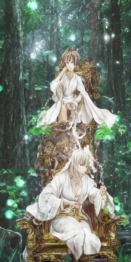 Image similar to an highly detailed magical empress sitting by herself on a sofa in a forest wearing a white robe drawn by cloverworks studio, elegant, beauty, tarot card,