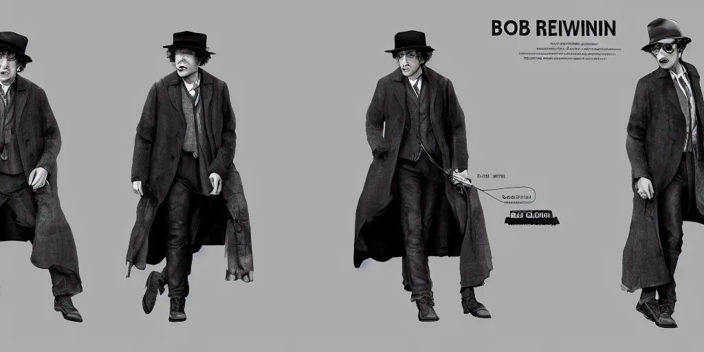 Image similar to bob dylan as a 2 0 s roving gambler, character sheet, concept design, contrast, greg rutkowski, zabrocki, karlkka, jayison devadas, trending on artstation, 8 k, 3 d scene, photo, realistic, octane render, ultra wide angle, pincushion lens effect