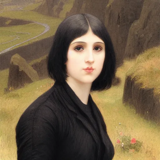 Image similar to 1 7 - year - old pale - skinned british - persian girl with black long bob cut, long bangs, black gothic jacket, black jeans, psychic girl, standing on cliff along the irish coast, overcast gray skies, ultra - realistic, sharp details, subsurface scattering, intricate details, art by william - adolphe bouguereau