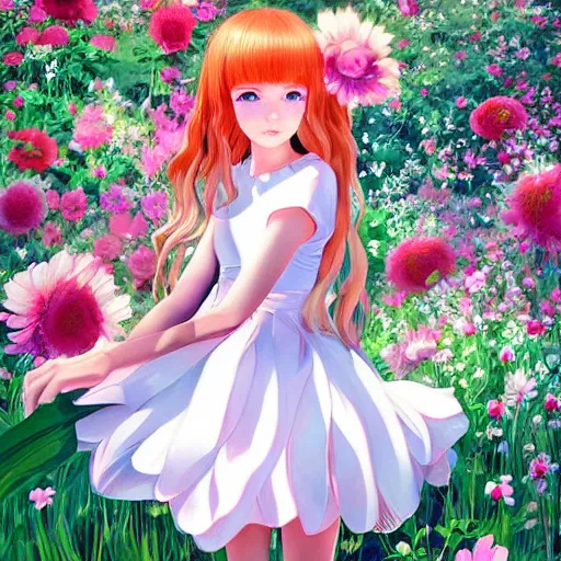Image similar to little girl with flowers in hair wearing an white dress. art by ilya kuvshinov, profile picture, inspired in hirohiko araki, realistic, highly detailed, 8 0 s anime art style