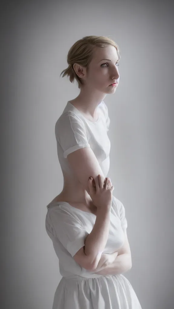 Prompt: emily skinner cosplaying annie leonhart wearing heels and wearing a white dress in a white room looking up, beautiful face, pale skin, rule of thirds, cinematic lighting, rainy weather, melancholy atmosphere, sharp focus, backlit, stunning, smooth, hard focus, full body shot, studio photo, shot on sony a 7 iii, hyper realistic, sexy pose