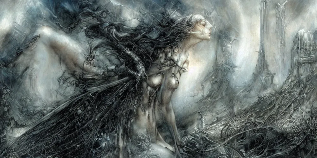 Prompt: the world collapsing on itself painted by luis royo