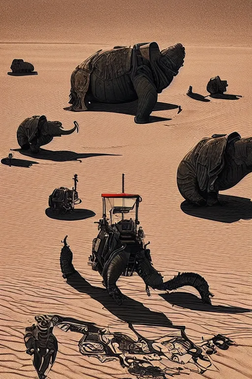 Prompt: 🐋 as 🐘 as 🤖 as 👽 as 🐳, desert, photography by kim jung gi,