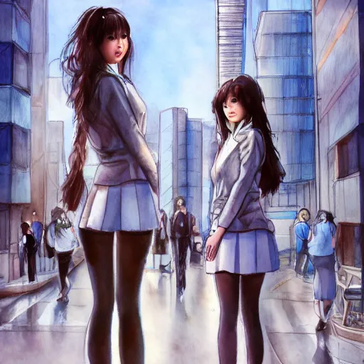 Image similar to a perfect, realistic professional digital sketch of a Japanese schoolgirls posing in a sci-fi cityscape, style of Marvel, full length, by pen and watercolor, by a professional American senior artist on ArtStation, a high-quality hollywood-style sketch, on high-quality paper