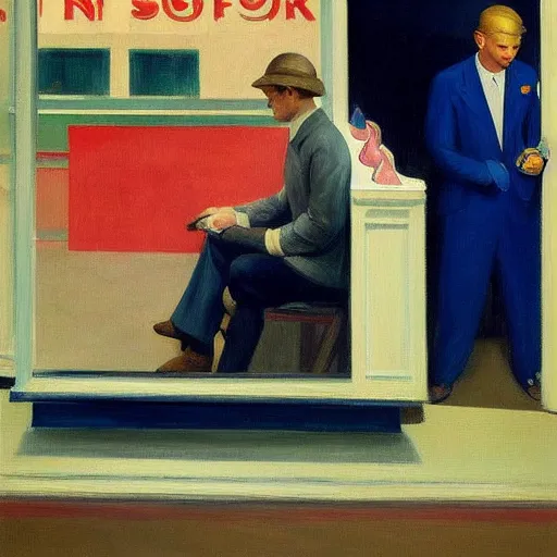 Image similar to a detailed painting, blonde man at a shoe store, edward hopper,