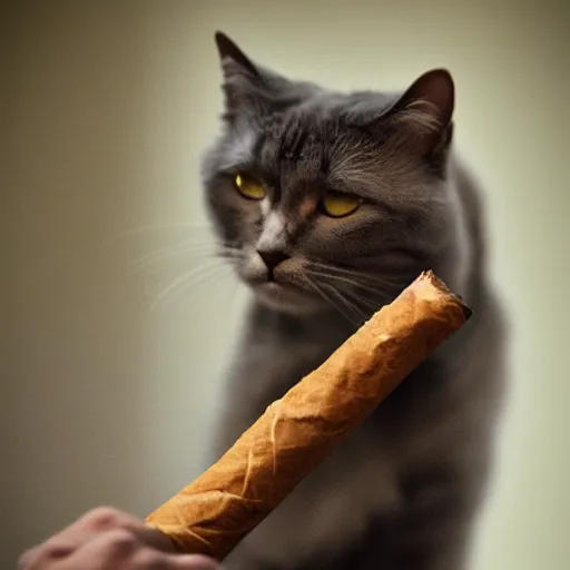 Image similar to cat smoking a cigar, photography, dimly lit