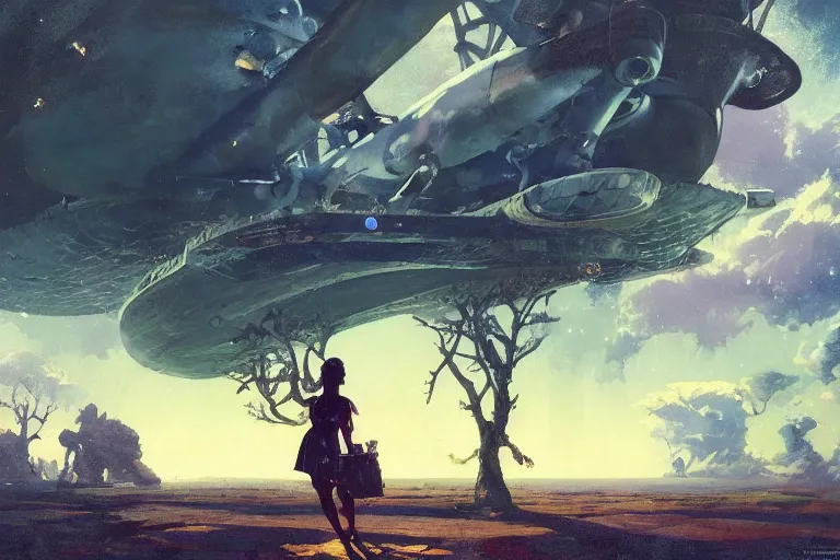 Image similar to 5 0 s pulp scifi illustration, space girl beside small spacecraft in english countryside, baobab trees in distance, storm on horizon, by wadim kashin, norman rockwell, morgan weistling, earle bergey, craig mullins, ruan jia, chris foss, tyler edlin