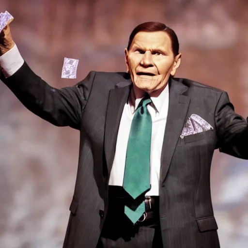 Prompt: kenneth copeland holding dollar bills, performing in front of big church