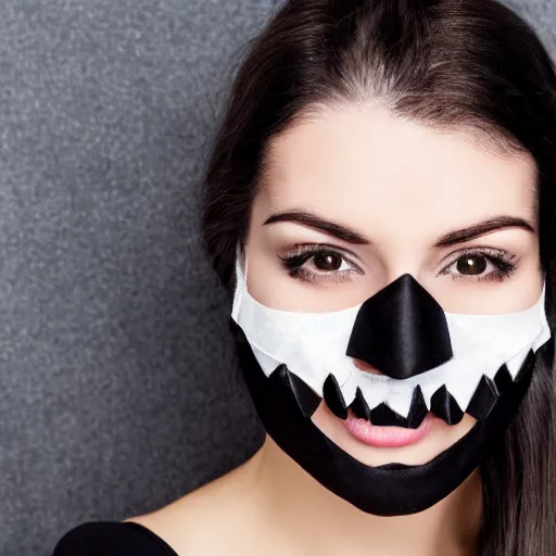 Prompt: dark eerie woman holding a realistic mask partially covering her wicked grin